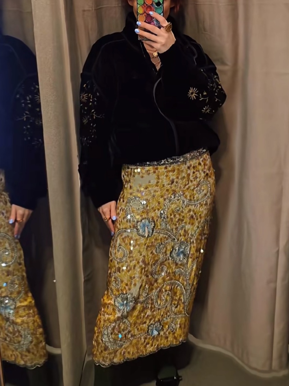 Embellished Yellow Sequin Midi Skirt